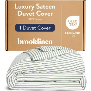 image:imageBrooklinen Sateen Duvet Cover HotelQuality Luxury  TwinTXL Abyss Blue  Silkysmooth 100 cotton sateen duvet cover soft amp hotelquality corner ties amp button closure secure your insertGreen Tandem Stripe