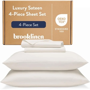 image:imageBrooklinen Sateen 4Pc Sheet Set HotelQuality Luxury  Queen Cream  Butterysoft 100 longstaple cotton sateen silky amp hotelquality softest sheets breathable amp durable cool amp luxurious