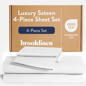 image:imageBrooklinen Sateen 4Pc Sheet Set HotelQuality Luxury  Queen White  Butterysoft 100 longstaple cotton sateen silky amp hotelquality softest sheets breathable amp durable cool amp luxurious